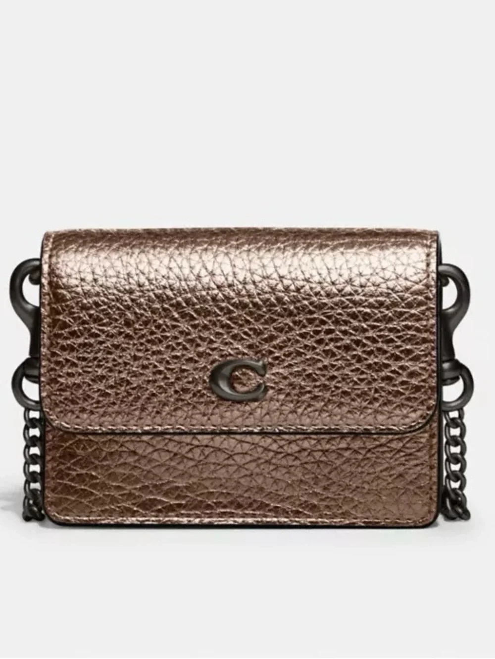 Coach Half Flap card Case Crossbody Bag Pewter Metallic Bronze Chain Strap NWOT